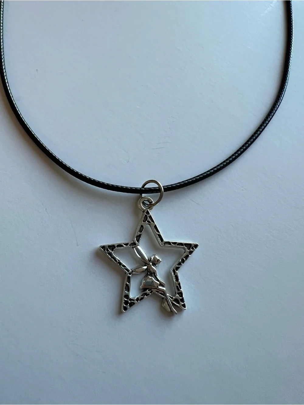 Silver Star Fairy Pendant Necklace on Black Cord / Disney / Fae / Tinkerbell